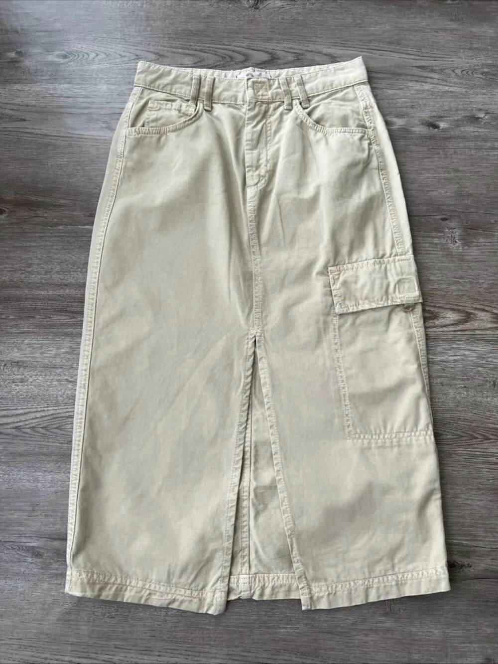 Free People‎ Khaki Cargo Utility Midi Skirt Womens 24 Cotton Front Slit Boho Y2K